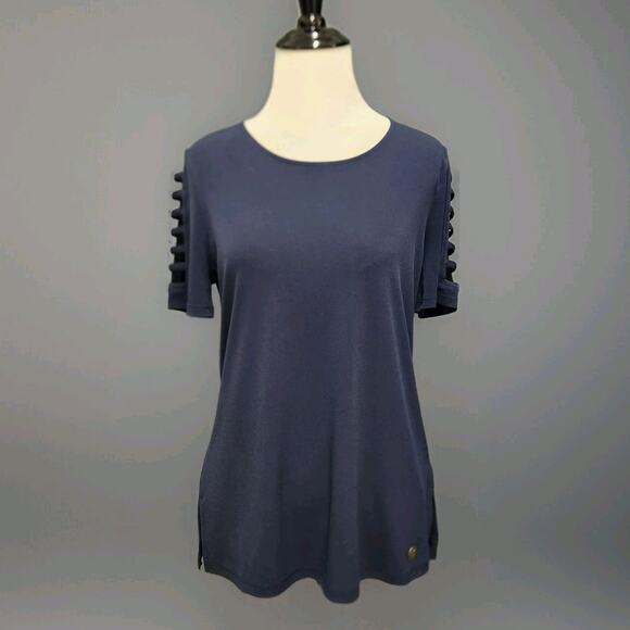 Michael Kors MK Blouse Shoulder Cutout Cold Navy Blue Small Shirt Lightweight - Picture 1 of 10